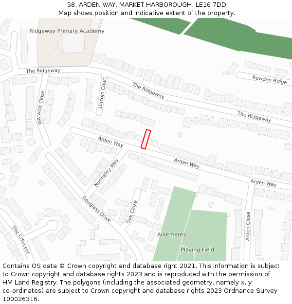 58, ARDEN WAY, MARKET HARBOROUGH, LE16 7DD: Location map and indicative extent of plot