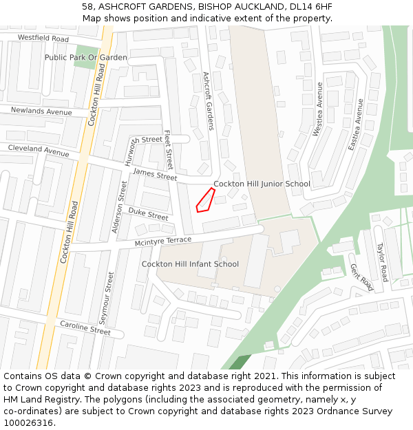 58, ASHCROFT GARDENS, BISHOP AUCKLAND, DL14 6HF: Location map and indicative extent of plot