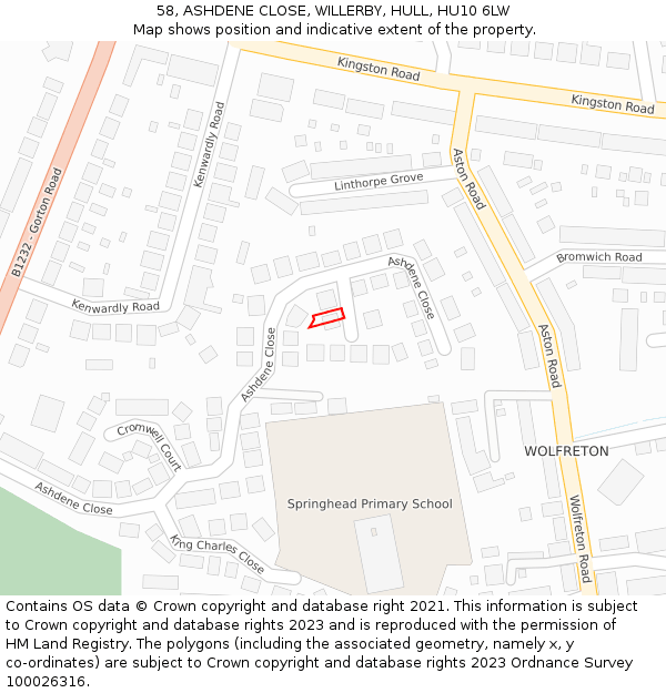 58, ASHDENE CLOSE, WILLERBY, HULL, HU10 6LW: Location map and indicative extent of plot