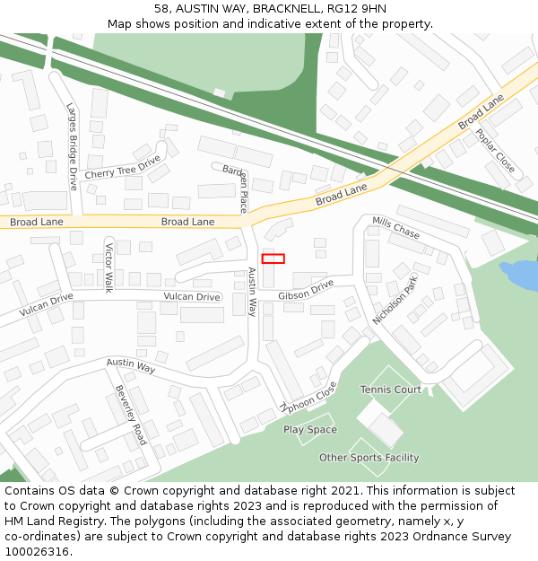 58, AUSTIN WAY, BRACKNELL, RG12 9HN: Location map and indicative extent of plot
