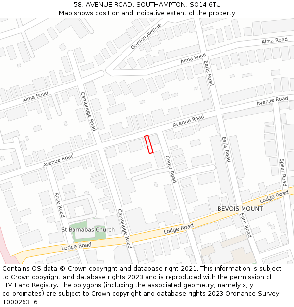 58, AVENUE ROAD, SOUTHAMPTON, SO14 6TU: Location map and indicative extent of plot