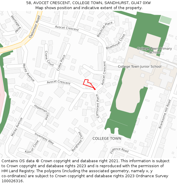 58, AVOCET CRESCENT, COLLEGE TOWN, SANDHURST, GU47 0XW: Location map and indicative extent of plot