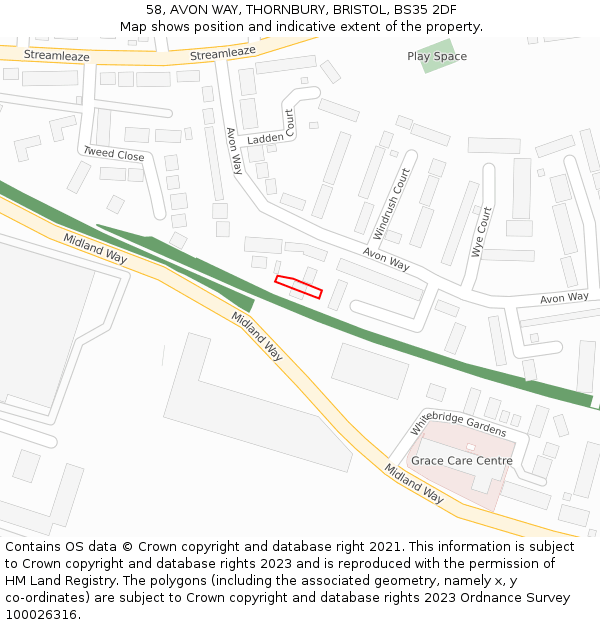 58, AVON WAY, THORNBURY, BRISTOL, BS35 2DF: Location map and indicative extent of plot