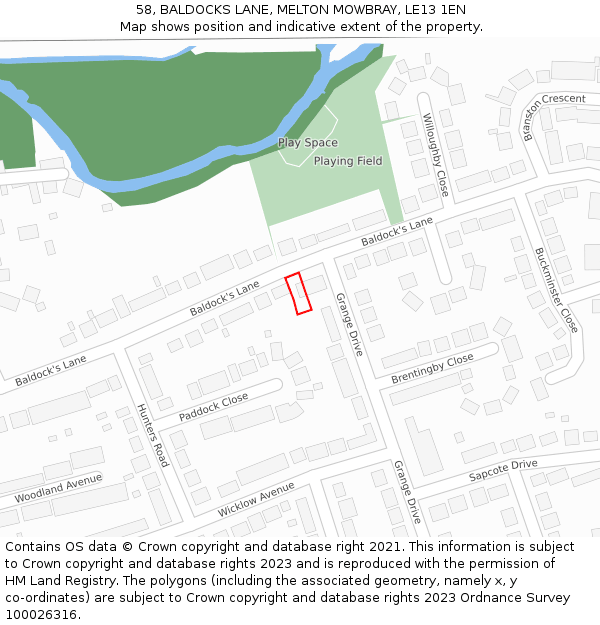 58, BALDOCKS LANE, MELTON MOWBRAY, LE13 1EN: Location map and indicative extent of plot