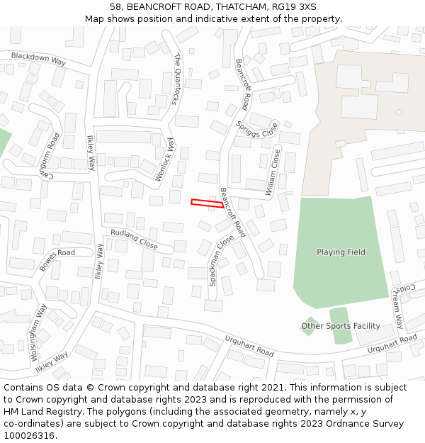 58, BEANCROFT ROAD, THATCHAM, RG19 3XS: Location map and indicative extent of plot