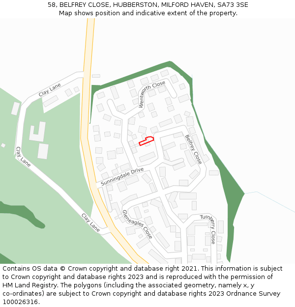 58, BELFREY CLOSE, HUBBERSTON, MILFORD HAVEN, SA73 3SE: Location map and indicative extent of plot