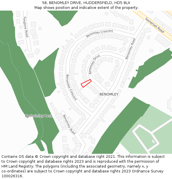 58, BENOMLEY DRIVE, HUDDERSFIELD, HD5 8LX: Location map and indicative extent of plot