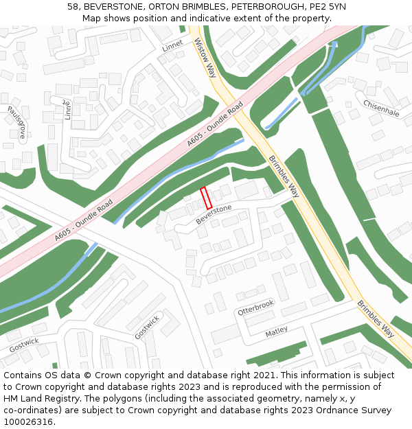 58, BEVERSTONE, ORTON BRIMBLES, PETERBOROUGH, PE2 5YN: Location map and indicative extent of plot