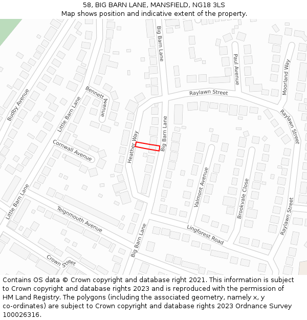 58, BIG BARN LANE, MANSFIELD, NG18 3LS: Location map and indicative extent of plot