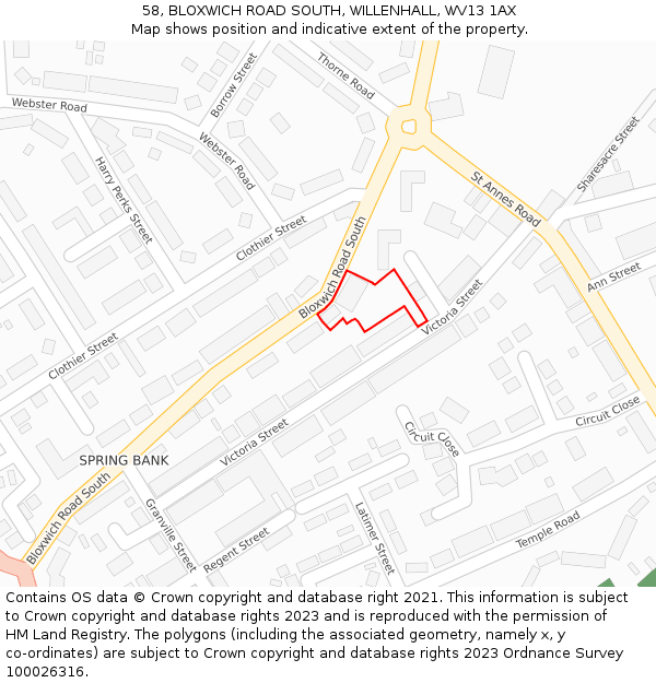 58, BLOXWICH ROAD SOUTH, WILLENHALL, WV13 1AX: Location map and indicative extent of plot