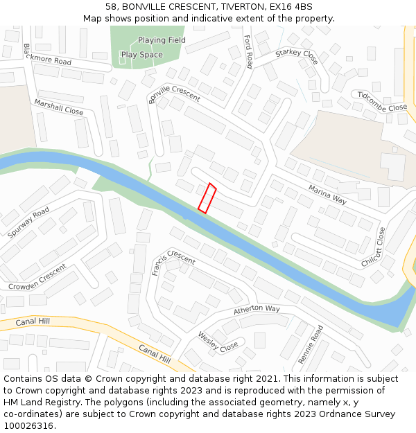 58, BONVILLE CRESCENT, TIVERTON, EX16 4BS: Location map and indicative extent of plot