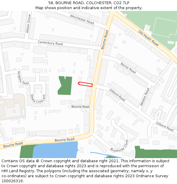 58, BOURNE ROAD, COLCHESTER, CO2 7LP: Location map and indicative extent of plot