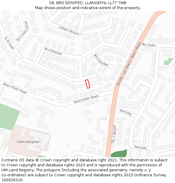 58, BRO EDNYFED, LLANGEFNI, LL77 7WB: Location map and indicative extent of plot