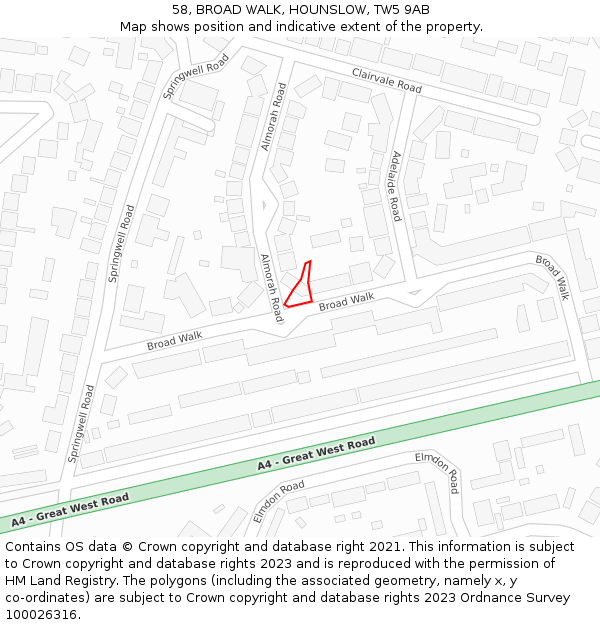 58, BROAD WALK, HOUNSLOW, TW5 9AB: Location map and indicative extent of plot