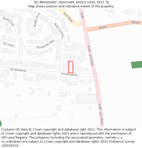 58, BROADWAY, HEACHAM, KING'S LYNN, PE31 7JJ: Location map and indicative extent of plot