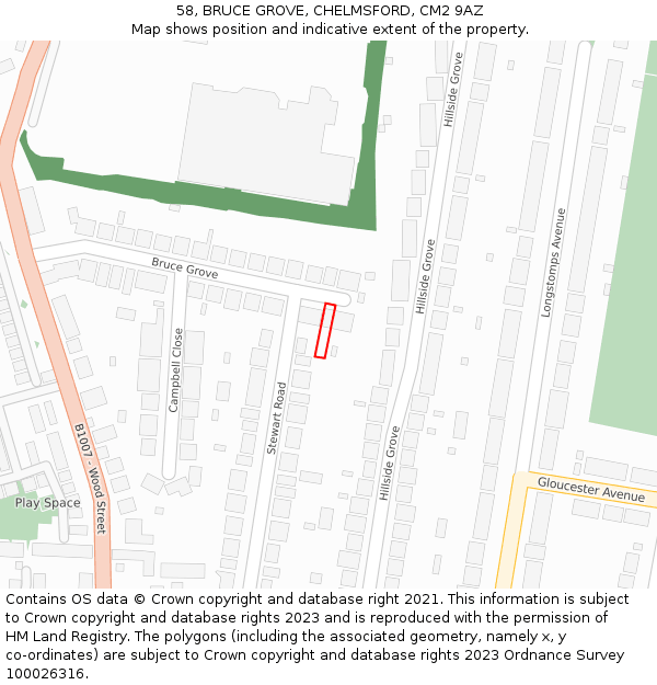 58, BRUCE GROVE, CHELMSFORD, CM2 9AZ: Location map and indicative extent of plot