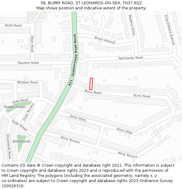 58, BURRY ROAD, ST LEONARDS-ON-SEA, TN37 6QZ: Location map and indicative extent of plot