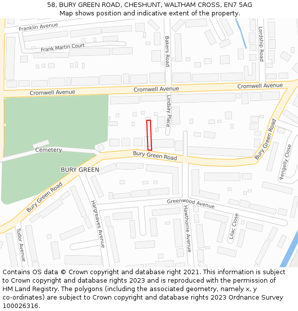 58, BURY GREEN ROAD, CHESHUNT, WALTHAM CROSS, EN7 5AG: Location map and indicative extent of plot