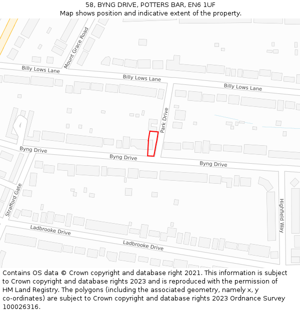 58, BYNG DRIVE, POTTERS BAR, EN6 1UF: Location map and indicative extent of plot