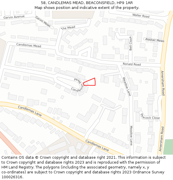 58, CANDLEMAS MEAD, BEACONSFIELD, HP9 1AR: Location map and indicative extent of plot