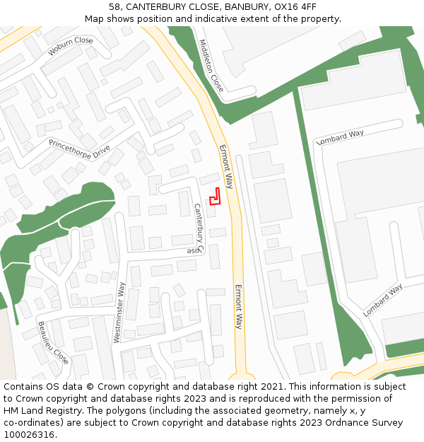 58, CANTERBURY CLOSE, BANBURY, OX16 4FF: Location map and indicative extent of plot