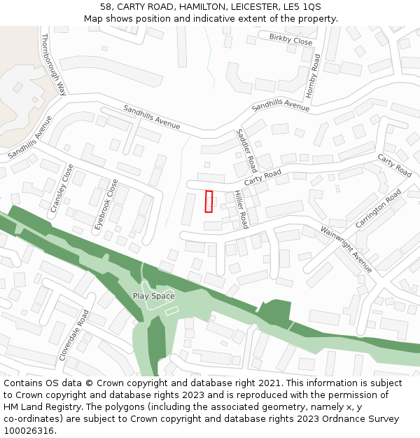 58, CARTY ROAD, HAMILTON, LEICESTER, LE5 1QS: Location map and indicative extent of plot