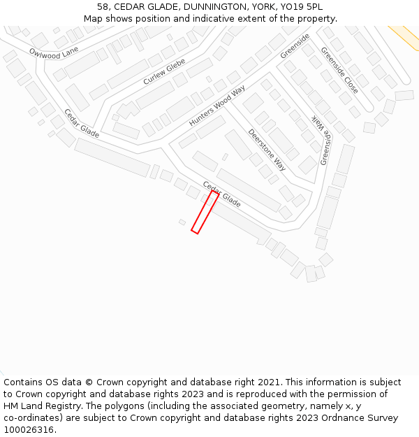 58, CEDAR GLADE, DUNNINGTON, YORK, YO19 5PL: Location map and indicative extent of plot