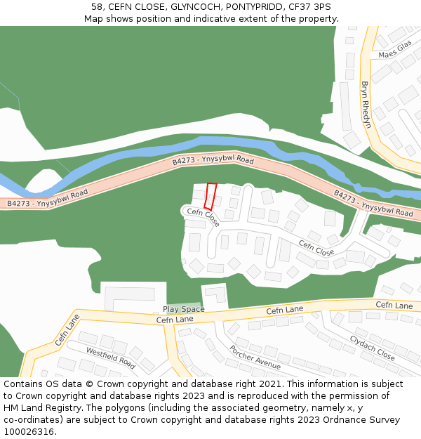 58, CEFN CLOSE, GLYNCOCH, PONTYPRIDD, CF37 3PS: Location map and indicative extent of plot