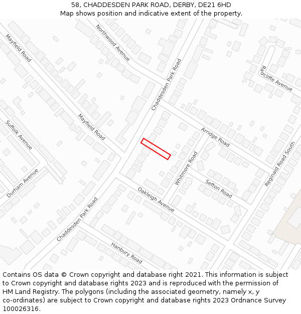 58, CHADDESDEN PARK ROAD, DERBY, DE21 6HD: Location map and indicative extent of plot