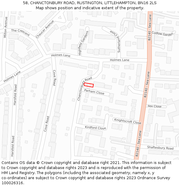 58, CHANCTONBURY ROAD, RUSTINGTON, LITTLEHAMPTON, BN16 2LS: Location map and indicative extent of plot