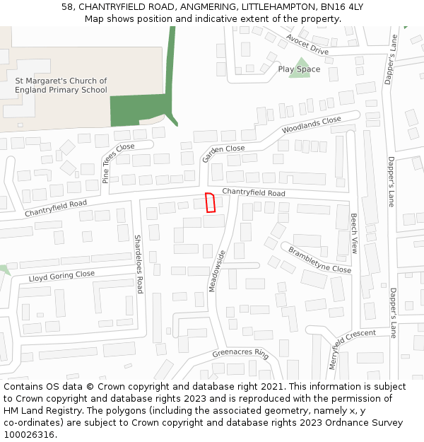 58, CHANTRYFIELD ROAD, ANGMERING, LITTLEHAMPTON, BN16 4LY: Location map and indicative extent of plot