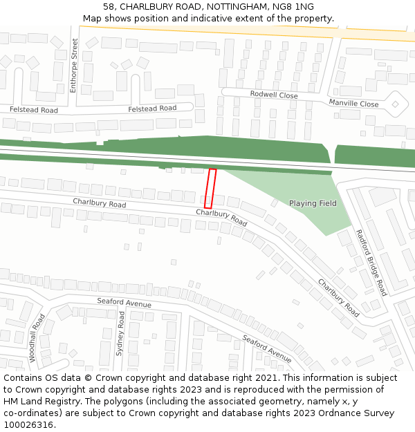 58, CHARLBURY ROAD, NOTTINGHAM, NG8 1NG: Location map and indicative extent of plot