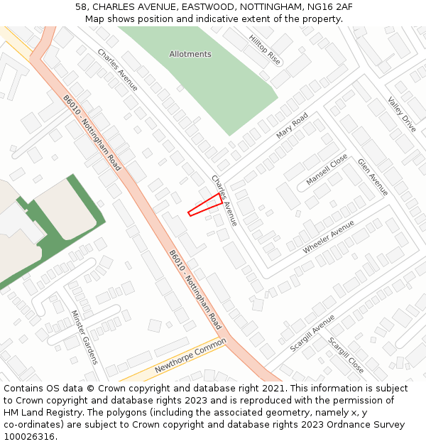 58, CHARLES AVENUE, EASTWOOD, NOTTINGHAM, NG16 2AF: Location map and indicative extent of plot