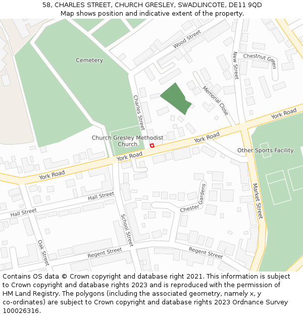 58, CHARLES STREET, CHURCH GRESLEY, SWADLINCOTE, DE11 9QD: Location map and indicative extent of plot