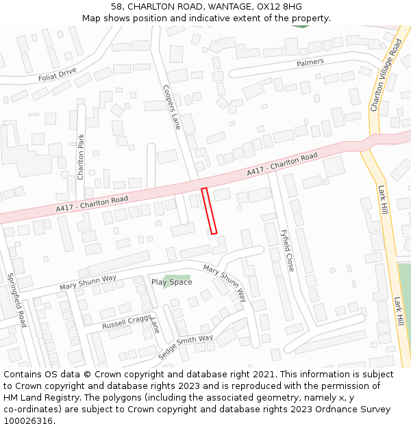 58, CHARLTON ROAD, WANTAGE, OX12 8HG: Location map and indicative extent of plot
