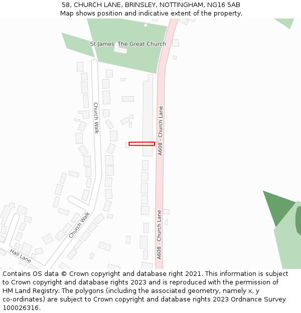 58, CHURCH LANE, BRINSLEY, NOTTINGHAM, NG16 5AB: Location map and indicative extent of plot