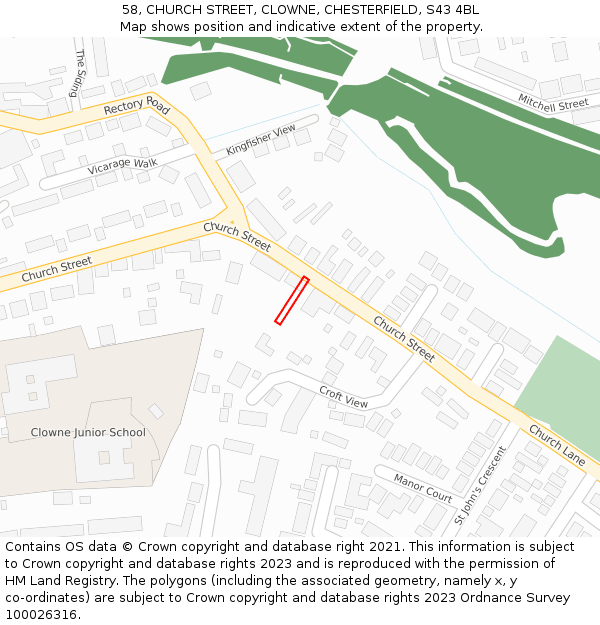 58, CHURCH STREET, CLOWNE, CHESTERFIELD, S43 4BL: Location map and indicative extent of plot