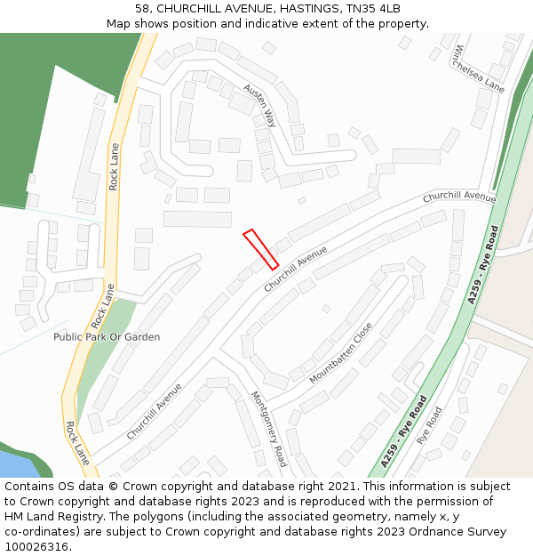58, CHURCHILL AVENUE, HASTINGS, TN35 4LB: Location map and indicative extent of plot