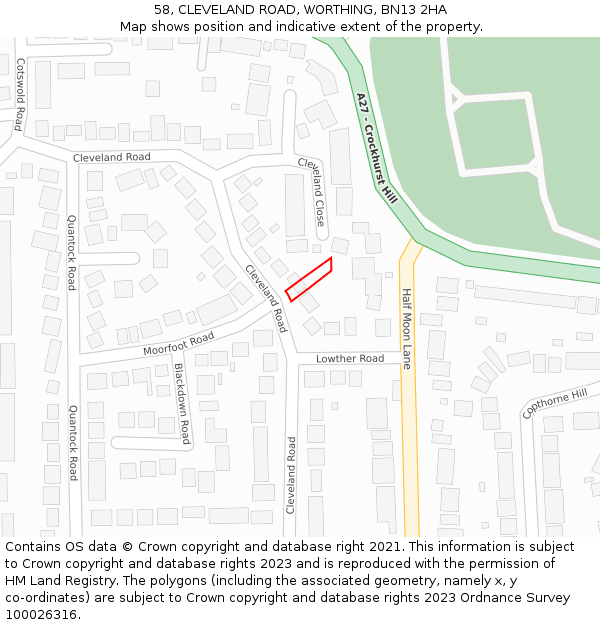 58, CLEVELAND ROAD, WORTHING, BN13 2HA: Location map and indicative extent of plot