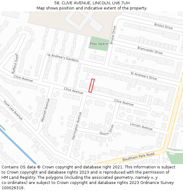 58, CLIVE AVENUE, LINCOLN, LN6 7UH: Location map and indicative extent of plot