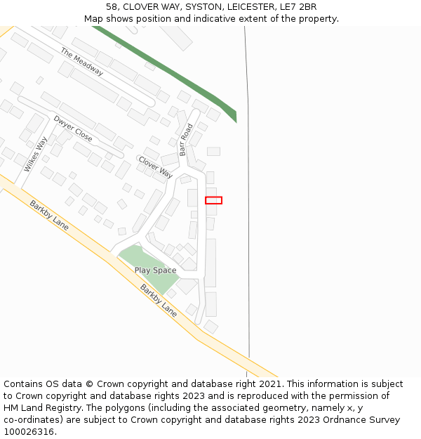 58, CLOVER WAY, SYSTON, LEICESTER, LE7 2BR: Location map and indicative extent of plot