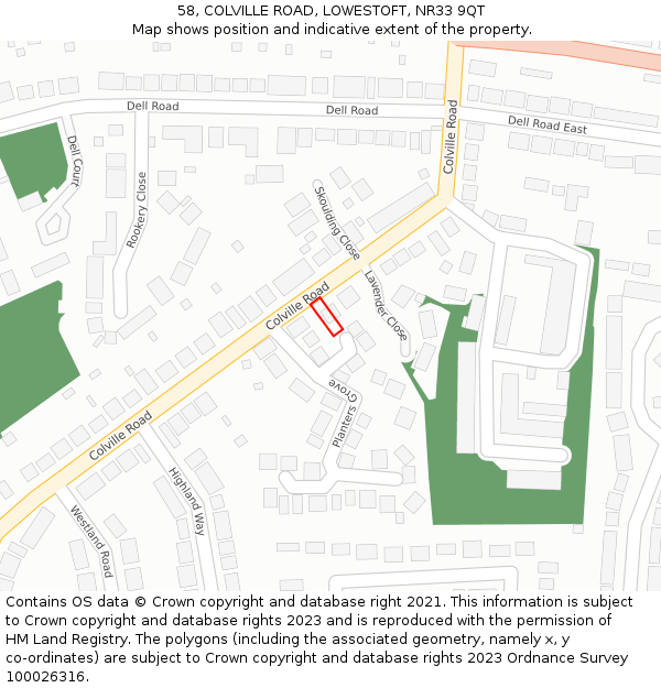 58, COLVILLE ROAD, LOWESTOFT, NR33 9QT: Location map and indicative extent of plot
