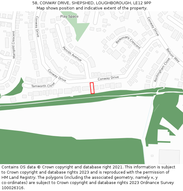 58, CONWAY DRIVE, SHEPSHED, LOUGHBOROUGH, LE12 9PP: Location map and indicative extent of plot