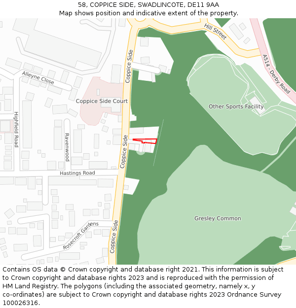 58, COPPICE SIDE, SWADLINCOTE, DE11 9AA: Location map and indicative extent of plot