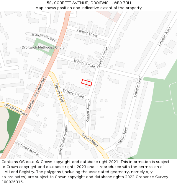 58, CORBETT AVENUE, DROITWICH, WR9 7BH: Location map and indicative extent of plot