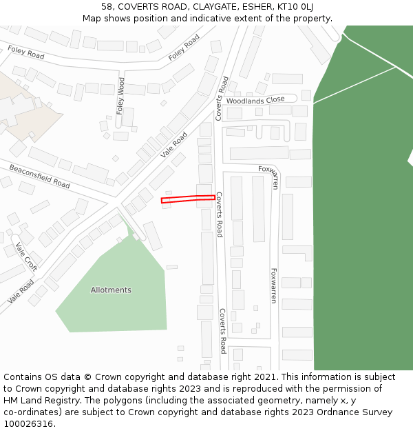 58, COVERTS ROAD, CLAYGATE, ESHER, KT10 0LJ: Location map and indicative extent of plot