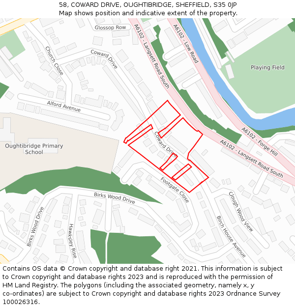 58, COWARD DRIVE, OUGHTIBRIDGE, SHEFFIELD, S35 0JP: Location map and indicative extent of plot