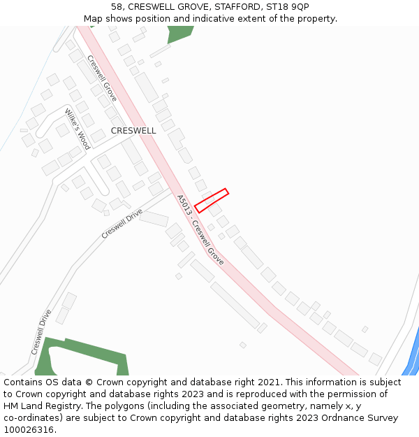 58, CRESWELL GROVE, STAFFORD, ST18 9QP: Location map and indicative extent of plot