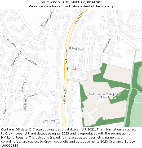58, CUCKOO LANE, FAREHAM, PO14 3PE: Location map and indicative extent of plot