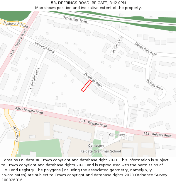 58, DEERINGS ROAD, REIGATE, RH2 0PN: Location map and indicative extent of plot